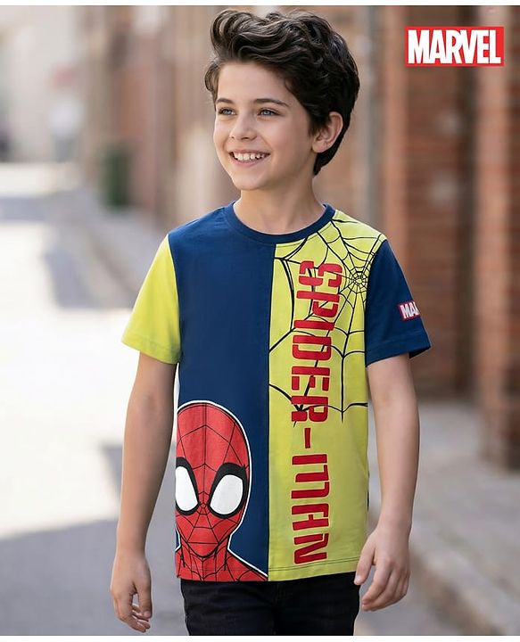 Pine Kids Marvel Single Jersey Knit Half Sleeves Cut & Sew T-Shirt with Spider Man Graphics - Navy Blue & Light Green