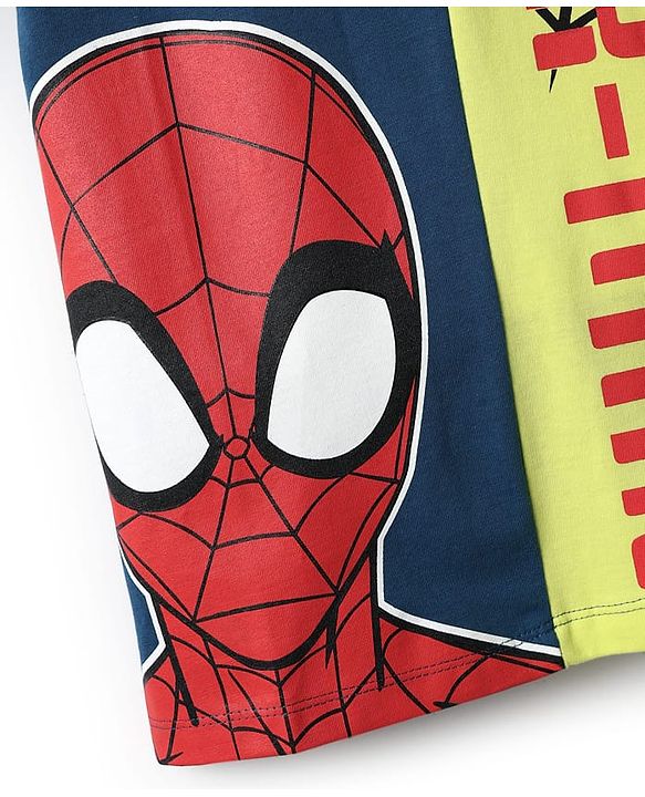 Pine Kids Marvel Single Jersey Knit Half Sleeves Cut & Sew T-Shirt with Spider Man Graphics - Navy Blue & Light Green