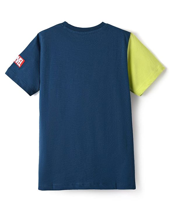 Pine Kids Marvel Single Jersey Knit Half Sleeves Cut & Sew T-Shirt with Spider Man Graphics - Navy Blue & Light Green
