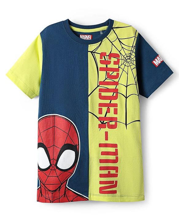 Pine Kids Marvel Single Jersey Knit Half Sleeves Cut & Sew T-Shirt with Spider Man Graphics - Navy Blue & Light Green
