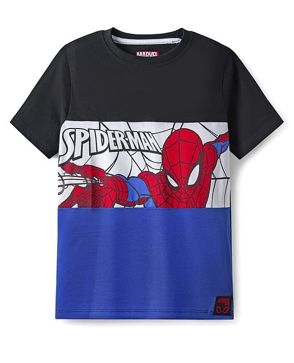 Pine Kids Marvel Single Jersey Knit Half Sleeve Cut & Sew T-Shirt With Spider Man Graphics - Blue & Black