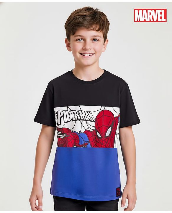 Pine Kids Marvel Single Jersey Knit Half Sleeve Cut & Sew T-Shirt With Spider Man Graphics - Blue & Black