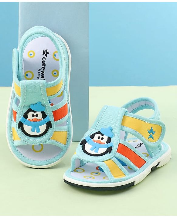 Cute Walk by Babyhug Sandals with Velcro Closure & Penguin Applique - Light Blue