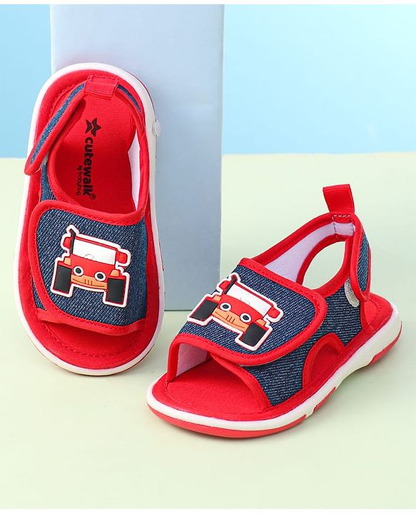 Cute Walk By Babyhug Sandals With Velcro Closure & Vehicle Applique - Red