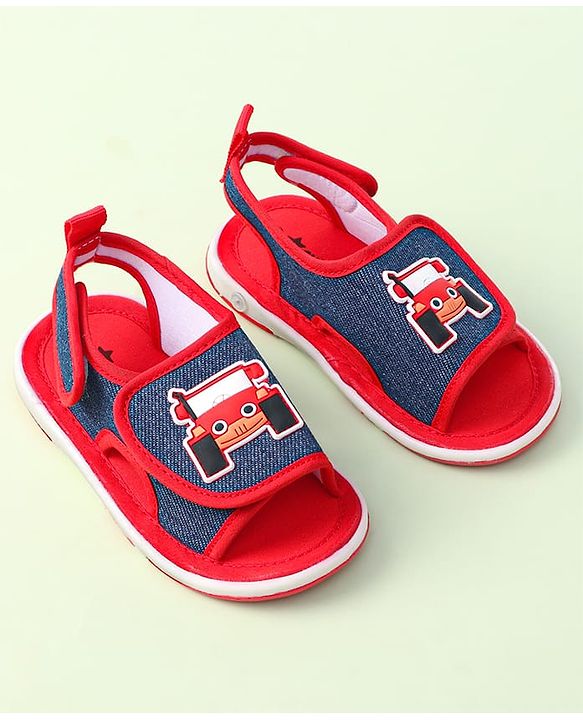 Cute Walk By Babyhug Sandals With Velcro Closure & Vehicle Applique - Red