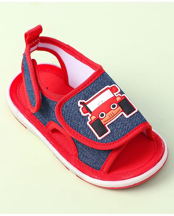 Cute Walk By Babyhug Sandals With Velcro Closure & Vehicle Applique - Red