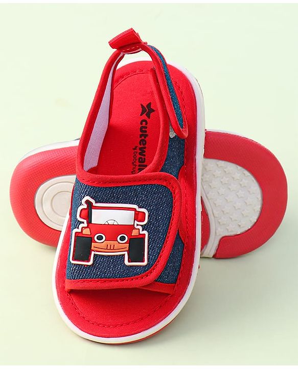 Cute Walk By Babyhug Sandals With Velcro Closure & Vehicle Applique - Red