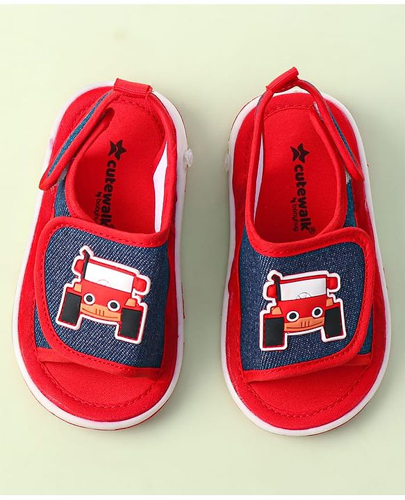 Cute Walk By Babyhug Sandals With Velcro Closure & Vehicle Applique - Red
