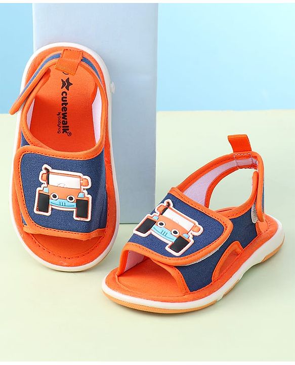 Cute Walk By Babyhug Sandals With Velcro Closure & Vehicle Applique - Red