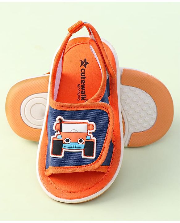 Cute Walk By Babyhug Sandals With Velcro Closure & Vehicle Applique - Red