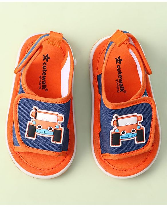 Cute Walk By Babyhug Sandals With Velcro Closure & Vehicle Applique - Red