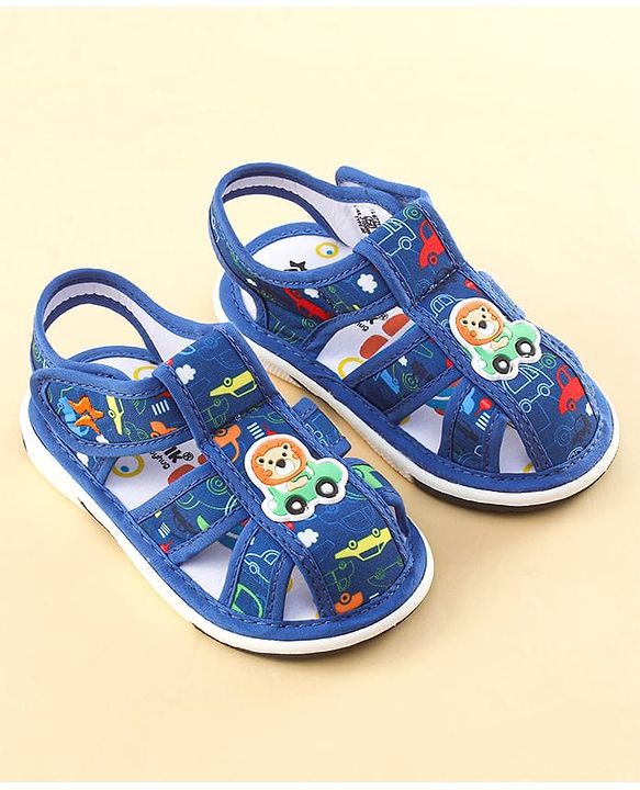 Cute Walk by Babyhug Sandals with Velcro Closure Car Print & Lion Applique - Blue