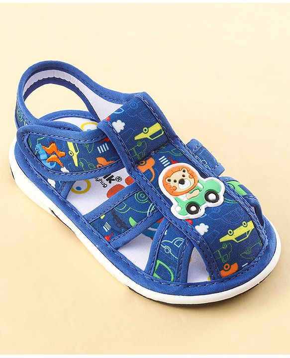 Cute Walk by Babyhug Sandals with Velcro Closure Car Print & Lion Applique - Blue