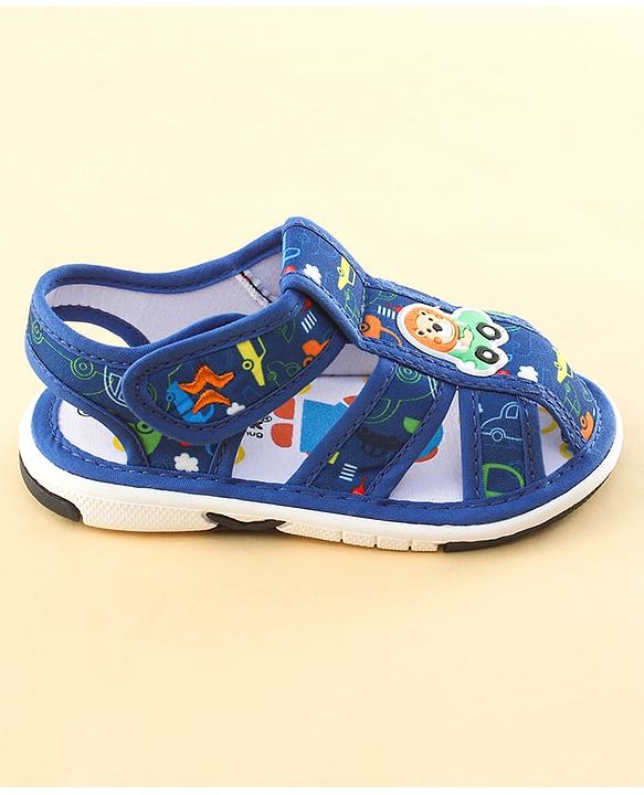 Cute Walk by Babyhug Sandals with Velcro Closure Car Print & Lion Applique - Blue