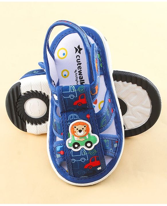 Cute Walk by Babyhug Sandals with Velcro Closure Car Print & Lion Applique - Blue