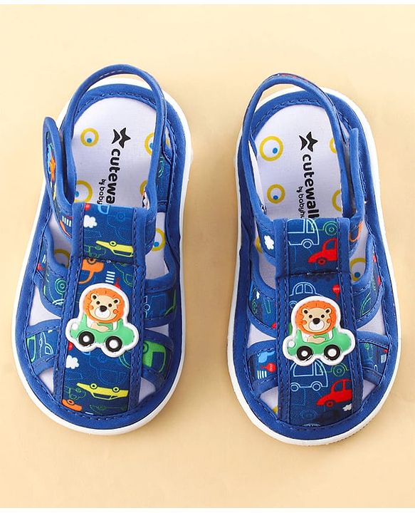 Cute Walk by Babyhug Sandals with Velcro Closure Car Print & Lion Applique - Blue