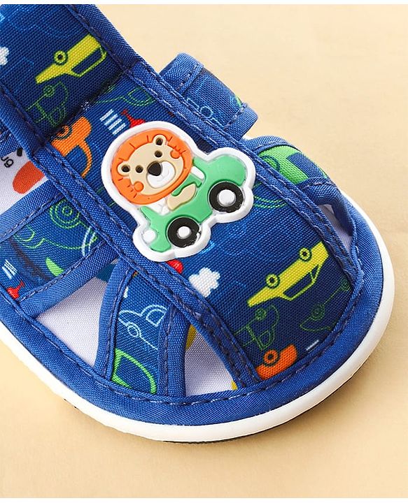 Cute Walk by Babyhug Sandals with Velcro Closure Car Print & Lion Applique - Blue