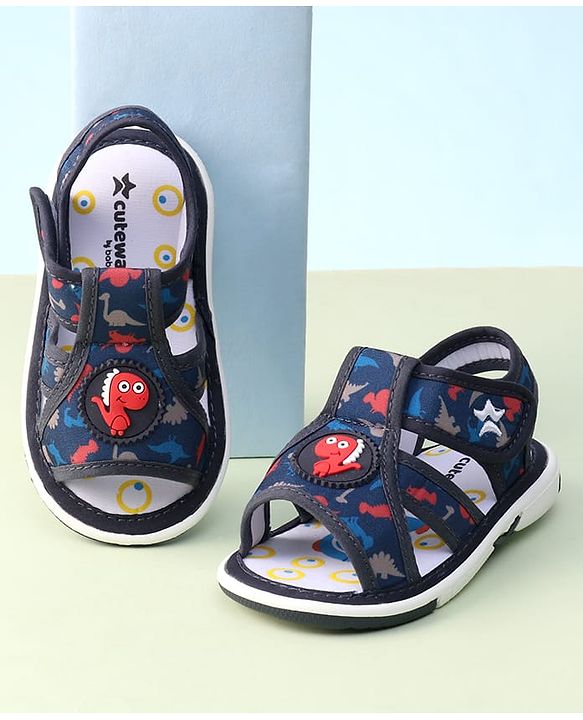 Cute Walk by Babyhug Sandals with Velcro Closure Dino Print & Applique - Navy Blue