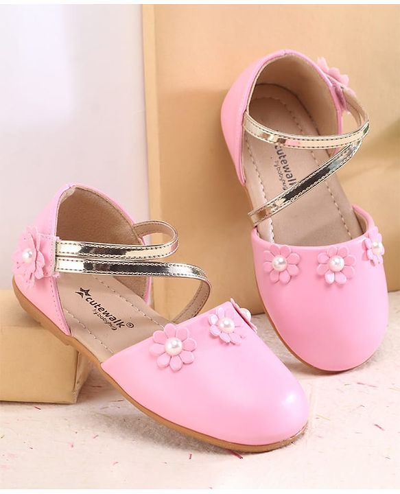 Cute Walk by Babyhug Velcro Closure Ballerina with Floral Applique - Pink