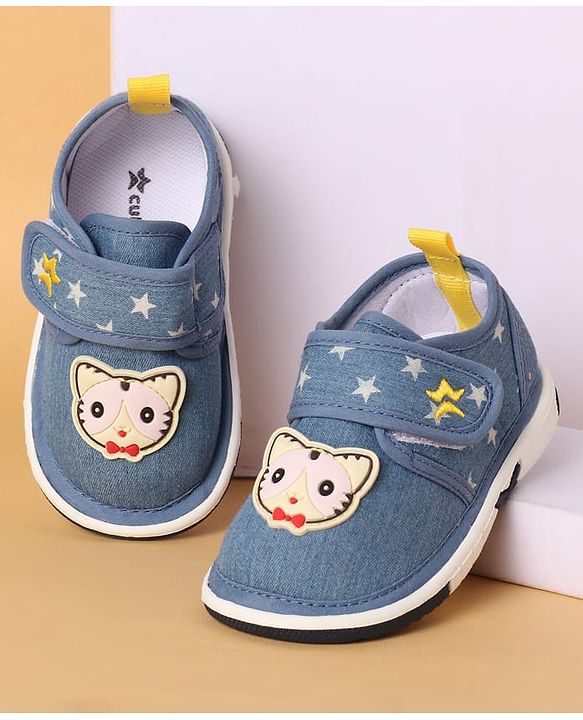Cute Walk by Babyhug Casual Shoes with Velcro Closure Star Print & Kitty Applique - Blue