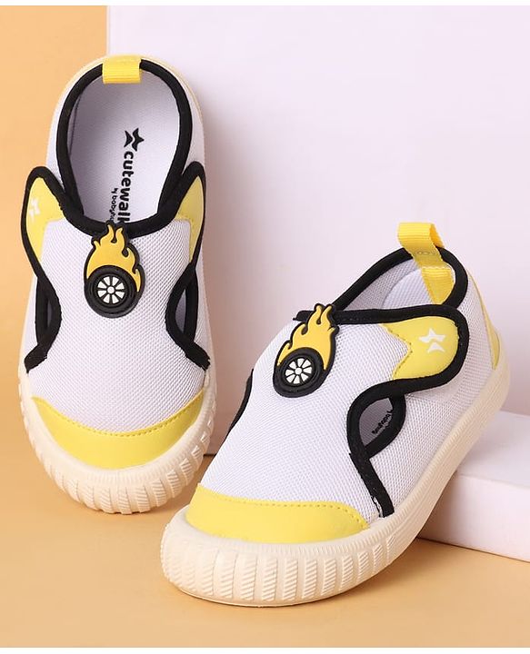 Cute Walk by Babyhug Casual Shoes with Velcro Closure & Fireball Applique - White & Yellow