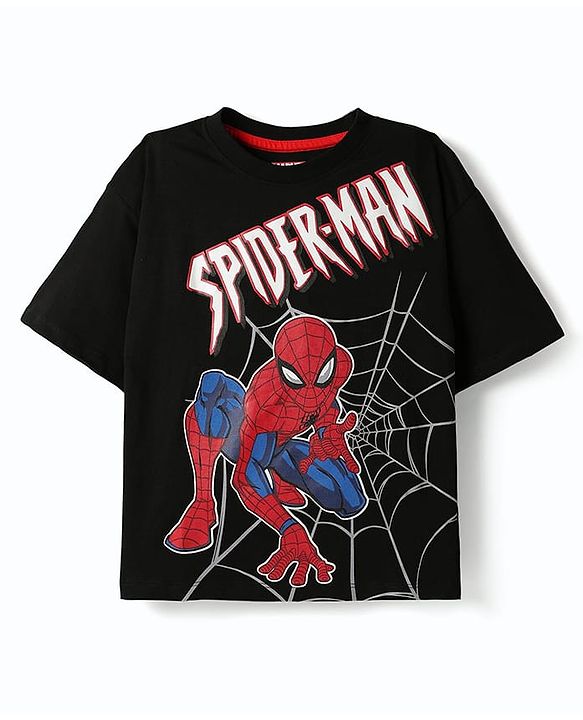 Pine Kids Marvel Single Jersey Knit Half Drop Shoulder Sleeves T-Shirt & Shorts Set With Spider-Man Graphics - Black