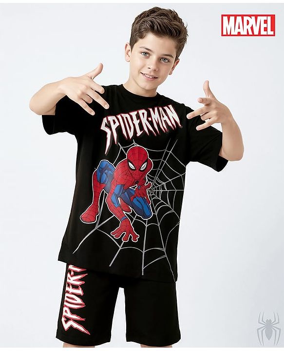 Pine Kids Marvel Single Jersey Knit Half Drop Shoulder Sleeves T-Shirt & Shorts Set With Spider-Man Graphics - Black