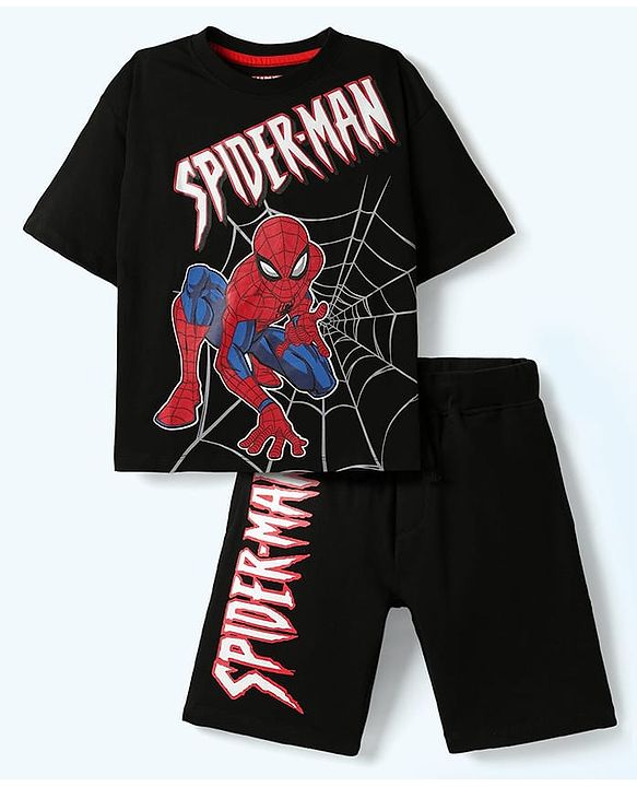 Pine Kids Marvel Single Jersey Knit Half Drop Shoulder Sleeves T-Shirt & Shorts Set With Spider-Man Graphics - Black