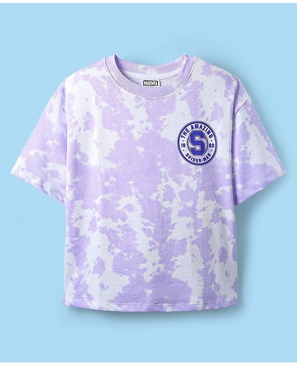Pine Kids Marvel Single Jersey Knit Half Sleeves T-Shirt With Front & Back Spider-Man Graphics & Tie & Dye Detailing - Purple
