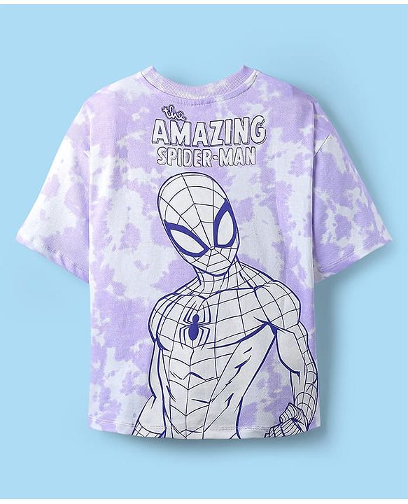 Pine Kids Marvel Single Jersey Knit Half Sleeves T-Shirt With Front & Back Spider-Man Graphics & Tie & Dye Detailing - Purple
