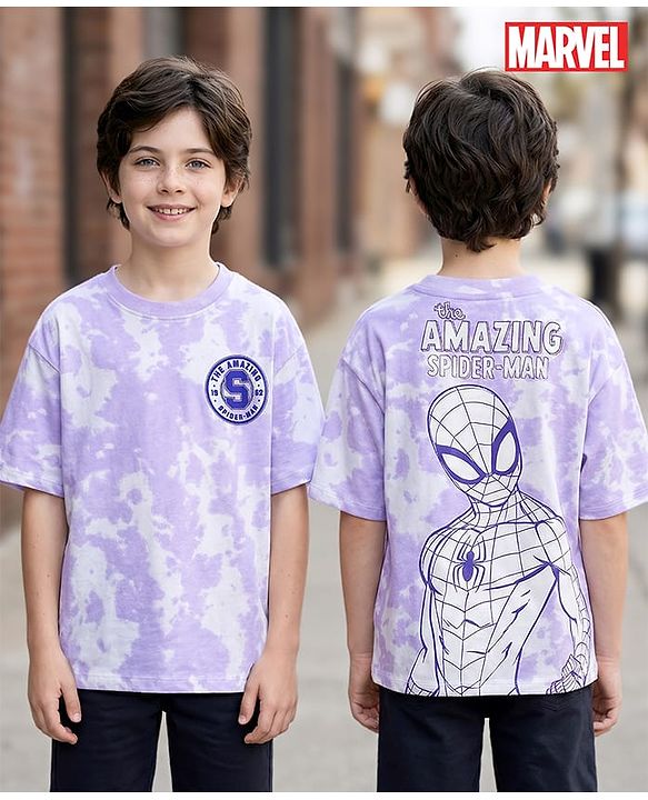 Pine Kids Marvel Single Jersey Knit Half Sleeves T-Shirt With Front & Back Spider-Man Graphics & Tie & Dye Detailing - Purple