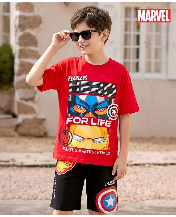 Pine Kids Marvel Single Jersey Knit Half Sleeves Drop Shoulder T-Shirt & Short Set With Avengers Graphics Red & Black