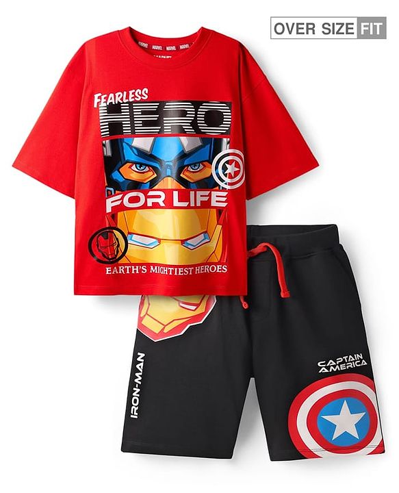 Pine Kids Marvel Single Jersey Knit Half Sleeves Drop Shoulder T-Shirt & Short Set With Avengers Graphics Red & Black