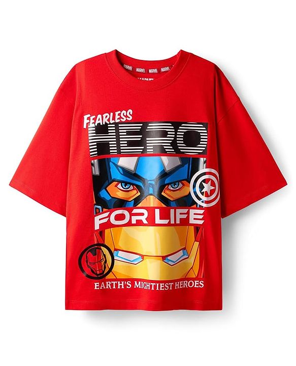 Pine Kids Marvel Single Jersey Knit Half Sleeves Drop Shoulder T-Shirt & Short Set With Avengers Graphics Red & Black