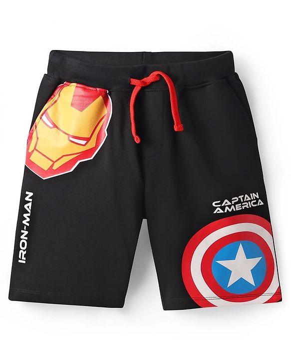Pine Kids Marvel Single Jersey Knit Half Sleeves Drop Shoulder T-Shirt & Short Set With Avengers Graphics Red & Black