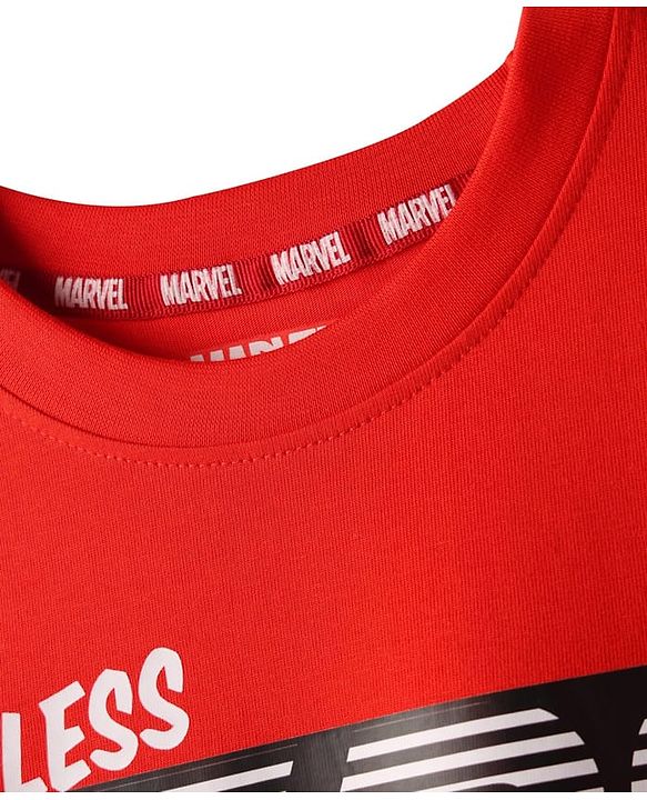 Pine Kids Marvel Single Jersey Knit Half Sleeves Drop Shoulder T-Shirt & Short Set With Avengers Graphics Red & Black