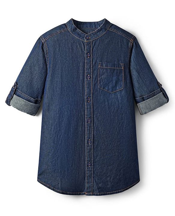 Pine Kids Denim Woven Full Sleeves Mandarin Collar Washed Shirt - Navy Blue