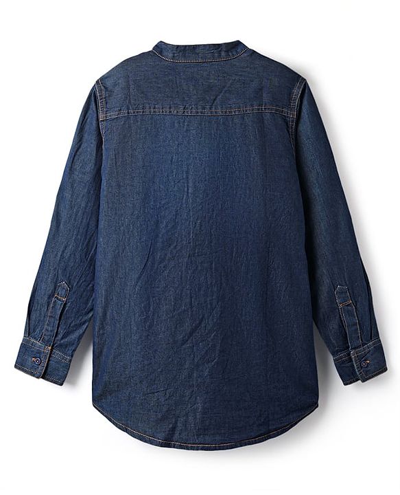 Pine Kids Denim Woven Full Sleeves Mandarin Collar Washed Shirt - Navy Blue