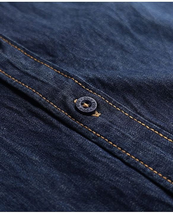 Pine Kids Denim Woven Full Sleeves Mandarin Collar Washed Shirt - Navy Blue