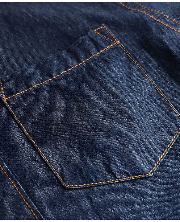 Pine Kids Denim Woven Full Sleeves Mandarin Collar Washed Shirt - Navy Blue