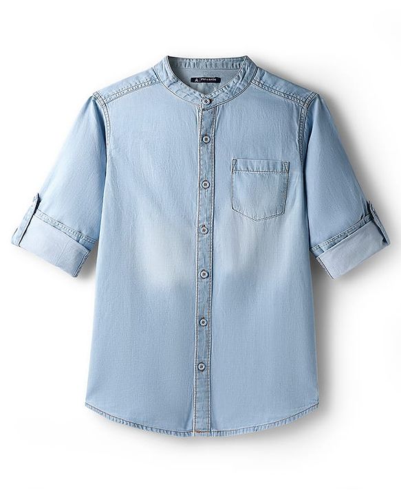 Pine Kids Denim Woven Full Sleeves Mandarin Collar Washed Shirt - Navy Blue