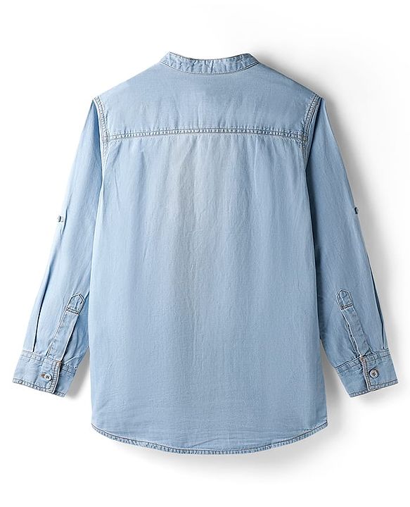 Pine Kids Denim Woven Full Sleeves Mandarin Collar Washed Shirt - Navy Blue
