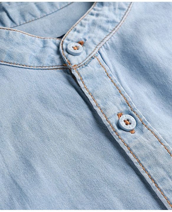 Pine Kids Denim Woven Full Sleeves Mandarin Collar Washed Shirt - Navy Blue