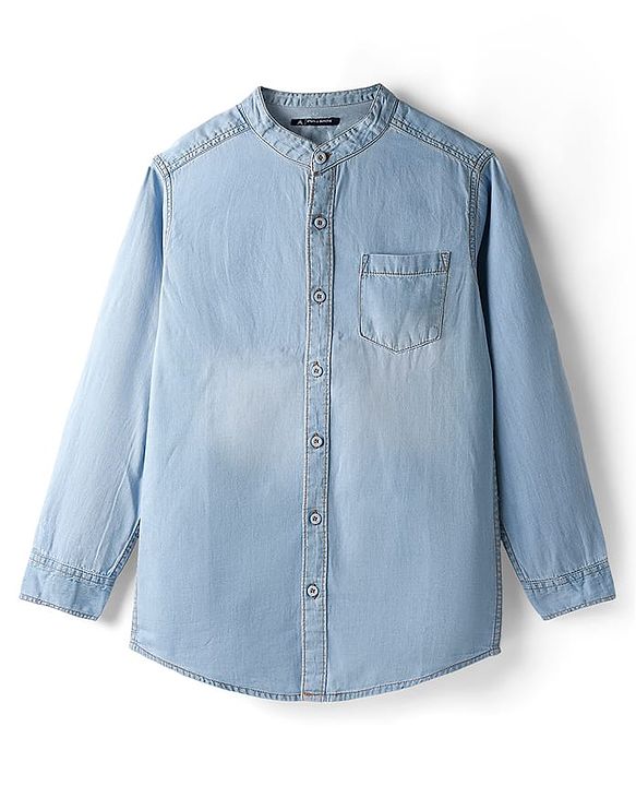 Pine Kids Denim Woven Full Sleeves Mandarin Collar Washed Shirt - Navy Blue