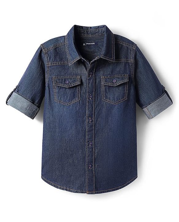 Pine Kids Denim Woven Full Sleeves Washed Shirt - Navy Blue