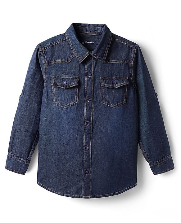 Pine Kids Denim Woven Full Sleeves Washed Shirt - Navy Blue
