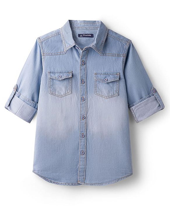 Pine Kids Denim Woven Full Sleeves Washed Shirt - Navy Blue