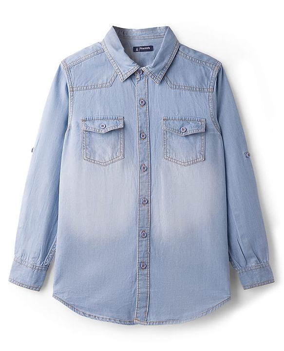 Pine Kids Denim Woven Full Sleeves Washed Shirt - Navy Blue