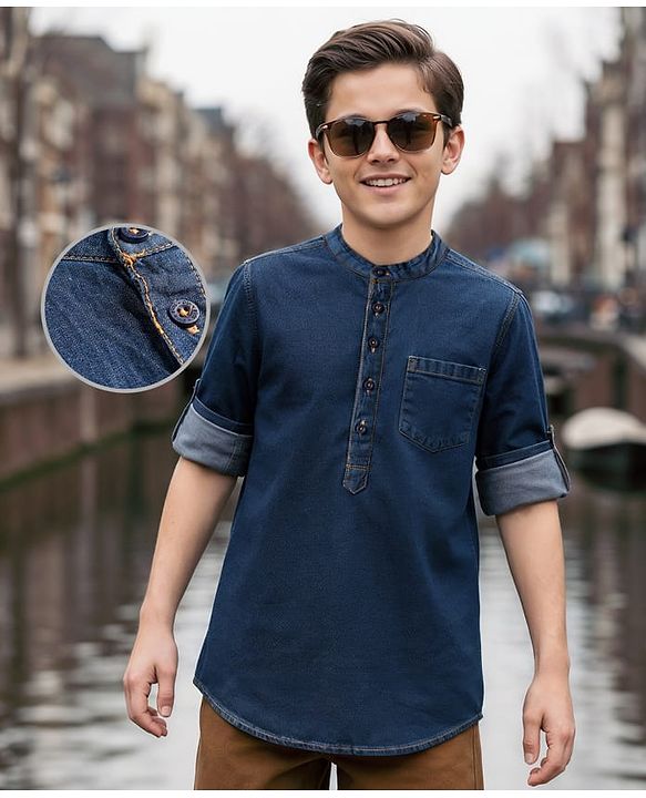 Pine Kids Woven Full Sleeves Washed Mandarin Collar Kurta Style Denim Shirt - Navy Blue