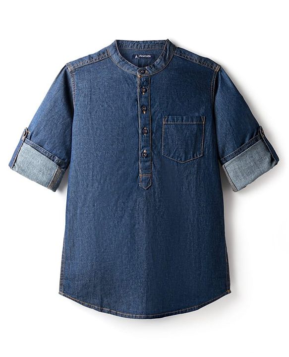 Pine Kids Woven Full Sleeves Washed Mandarin Collar Kurta Style Denim Shirt - Navy Blue